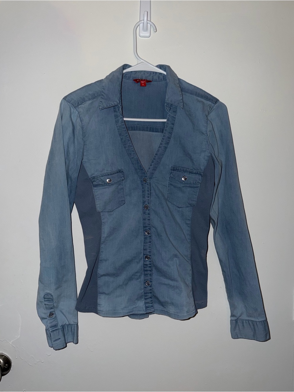 Vintage 2000s Y2K Fitted Denim Button Up Shirt Light Wash Western Utility